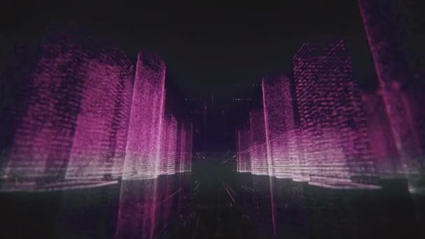 Модель современного цифрового города в белом и фиолетовом цветах с камерой, перемещающейся по центру города. Бизнес и технологическая концепция. Черный фон 3d рендеринг 4k Ultra HD — стоковое видео