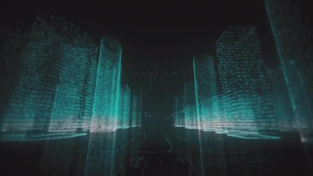 Wireframe de néon de centro de negócios de cidade digital abstrato com arranha-céus que consiste em símbolos azuis e brancos em fundo preto. 3D renderização de vídeo 4K. — Vídeo de Stock