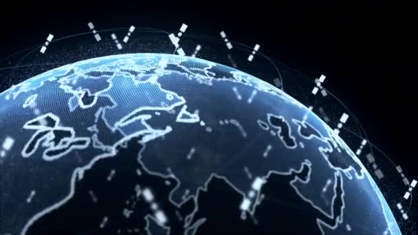 Globe de données numériques de la terre - abstraits satellites de rendu 3D liaison stellaire connexion réseau vidéo dans le monde. satellites créent unweb ou un pont aérien autour de la planète transmettant une inondation de mégadonnées complexe — Video