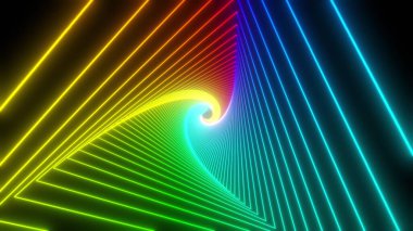 Gökkuşağı üçgeni tüneli. Kusursuz 4K animasyonu. Canlandırılmış döngü kutulu soyut hareket ekran arkaplanı. Siyah arkaplanda parlak renklerle parlayan neon çerçeveler. 3B görüntüleme