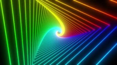 Gökkuşağı üçgeni tüneli. Kusursuz 4K animasyonu. Canlandırılmış döngü kutulu soyut hareket ekran arkaplanı. Siyah arkaplanda parlak renklerle parlayan neon çerçeveler. 3B görüntüleme