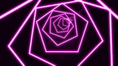 Siyah arkaplandaki parlak sarı-yeşil neon çizgiler hareket eden beşgen tüneli oluşturuyor. Soyut arkaplan 3D görüntüleme 4k.