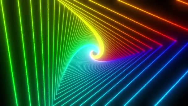 Tunnel triangolo arcobaleno. Animazione 4K senza interruzioni. Sfondo dello schermo di movimento astratto con la scatola del ciclo animato. Cornici fluorescenti con colori vivaci su sfondo nero. Rendering 3D — Video Stock