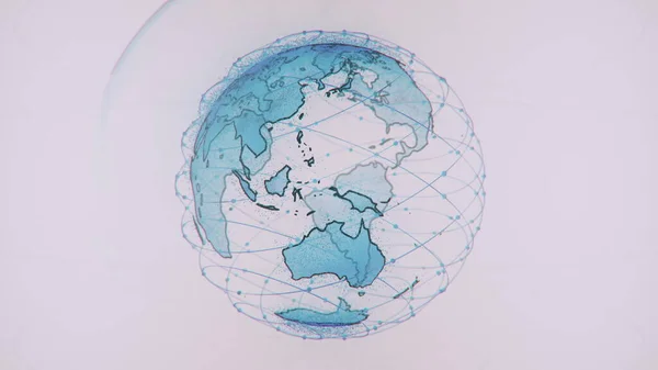 抽象三维渲染卫星星联网络，数字地球数据全球连接世界。卫星在行星周围形成了一个网络或天桥，传送着复杂的大数据。 — 图库照片