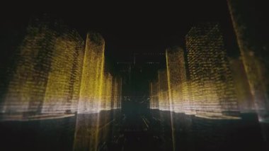 Siyah zemin üzerinde sarı ve beyaz renklerde semboller ve sayılardan oluşan soyut modern şehrin neon dijital modelinde uçuyoruz. İş, bağlantılar ve dijital teknoloji konsepti. 3d hazırlama 4k