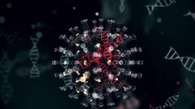 Mikrop kapmış organizmanın içindeki Coronavirus 2019-nCov patojeni siyah zemin üzerinde sarı yuvarlak hücreler olarak gösteriliyor. 2019-nCoV, SARS, H1N1, MERS ve diğer salgın virüsler konsepti. 3D görüntüleme 4K.