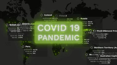 Coronavirus COVID-19 pandemik dünya haritası açık yeşil renkli hastalıklı şehirler ve karanlık anakaralarla ilgili istatistikler. 4K video içerisindeki 3d canlandırma konsepti.