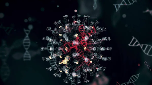 Patogen koronawirusa 2019-nCov wewnątrz zakażonego organizmu zilustrowany jako żółte okrągłe komórki na czarnym tle. 2019-nCoV, SARS, H1N1, MERS i inne koncepcje wirusów epidemii. 3d renderowanie wideo 4K. — Zdjęcie stockowe