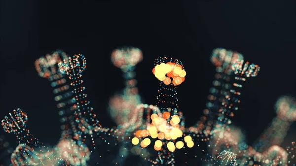 Visualisierung der Infektion mit dem Virus Coronavirus 2019-nCoV. Erregerzellen in infizierten menschlichen Zellen als neongrüne kugelförmige Mikroorganismen auf schwarzem Hintergrund. Animiertes 3D-Rendering in Nahaufnahme 4K-Video. — Stockfoto
