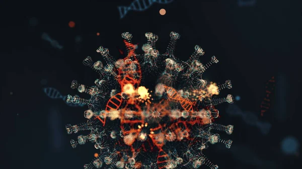 Virus coronavirus 2019-nCoV infektion visualisering. Patogena celler inuti infekterade människor visas som neon gröna sfäriska mikroorganismer på en svart bakgrund. Animerad 3D-återgivning närbild 4K video. — Stockfoto
