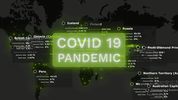 Coronavirus COVID-19 карта світу з світло-зеленими інфікованими містами зі статистикою темних мейнлендів. 3d рендеринг анімаційного фону в 4K відео. — стокове фото