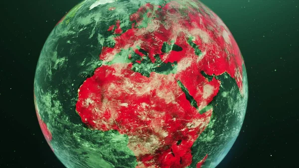 Covid 19 Pandemic alert różowa tabletka na futurystycznej mapie świata z czerwonymi zakażonymi miastami na czarnych kontynentach i zielonych oceanach. Epidemia koncepcja animowane tło 3d renderowania wideo 4K. — Zdjęcie stockowe