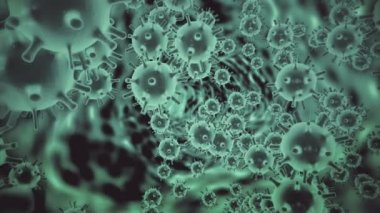 Domuz gribi virüsü H1N1 virüsü mikrop kapmış organizmanın içinde. Mikroskop altında siyah uzay arka planında koyu yeşil hücreler olarak gösterilen virüs. Virüs hastalığı soyut bir kavram. 4K içinde 3D canlandırma.