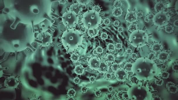 Zwijn influenza virus H1N1 pathogeen in besmet organisme. Virus onder microscoop weergegeven als donkergroene cellen in zwarte ruimte achtergrond. Virale ziekte abstract concept. 3d weergave animatie in 4K. — Stockvideo
