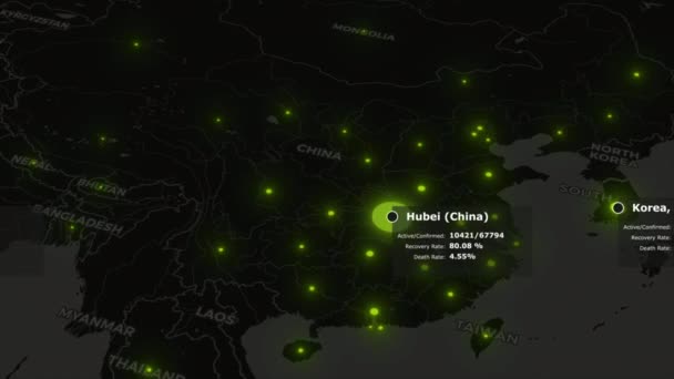 Coronavirus COVID-19 mapa do mundo pandêmico com cidades infectadas de cor verde claro com estatísticas sobre os continentes escuros. 3D renderização fundo conceito animado em vídeo 4K. — Vídeo de Stock