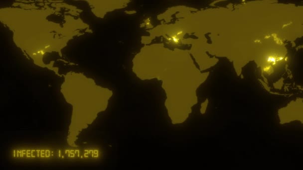 ダークコロナウイルスCOVID-19は黄色でデータとパンデミック警報を持つ世界地図。中国の武漢ウイルス感染は世界中に広がっています。4Kでの3Dレンダリングアニメーションの背景. — ストック動画