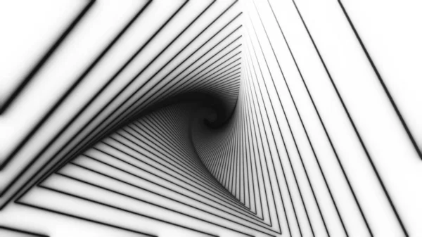 Blac Dreieckstunnel bewegt sich spiralförmig auf weißem Hintergrund. Animation für Musikvideos, Diskotheken, LED-Bildschirme, Projektionen, Videomapping, audiovisuelle Darbietungen. 3D-Darstellung — Stockfoto