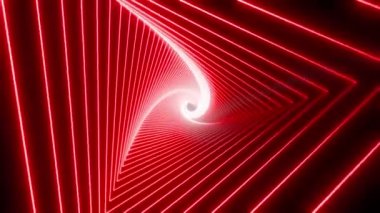 Uzağa doğru ilerleyen kırmızı neon üçgen tünel, neon geometrik arkaplan, spektral metal parıltılı soyut üç boyutlu arkaplan, uzun tünel