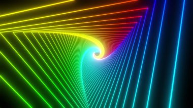 Gökkuşağı üçgeni tüneli. Kusursuz 4K animasyonu. Canlandırılmış döngü kutulu soyut hareket ekran arkaplanı. Siyah arkaplanda parlak renklerle parlayan neon çerçeveler. 3B görüntüleme