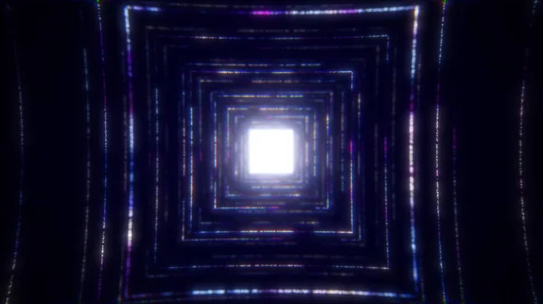 Voando um túnel quadrado feito de partículas de néon. loop VJ sem costura para vídeos de música, discotecas, shows audiovisuais e apresentações, telas LED e cartões de projeção. Renderização 3d — Fotografia de Stock