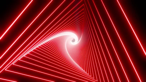 Красный неоновый треугольный туннель, движущийся вдаль, неоновый геометрический фон, абстрактный 3D фон со спектральным металлическим свечением, длинный туннель — стоковое фото