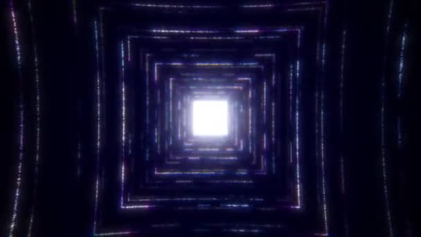 Latanie kwadratowym tunelem z cząsteczek neonu. Bezproblemowa pętla VJ do teledysków, klubów nocnych, pokazów i prezentacji audiowizualnych, ekranów LED i kart projekcyjnych. 3d renderowanie — Wideo stockowe