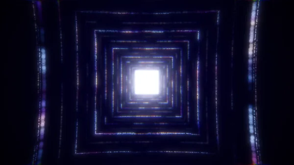 Voando um túnel quadrado feito de partículas de néon. loop VJ sem costura para vídeos de música, discotecas, shows audiovisuais e apresentações, telas LED e cartões de projeção. Renderização 3d — Fotografia de Stock