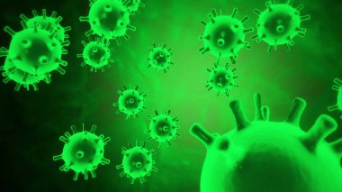 Siyah bir zemin üzerinde hareket eden yeşil küresel mikroorganizmalar olarak gösterilen enfekte organizma içindeki Coronavirus 2019 nCoV patojen hücrelerinin sanal animasyonlu temsili. 4K görüntüleme 3D soyut.