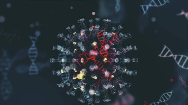 Mikrop kapmış organizmanın içindeki Coronavirus 2019-nCov patojeni siyah zemin üzerinde kahverengi yuvarlak hücreler olarak gösterilmiştir. 2019-nCoV, SARS, H1N1, MERS ve diğer salgın virüsler konsepti. 3D görüntüleme 4K.