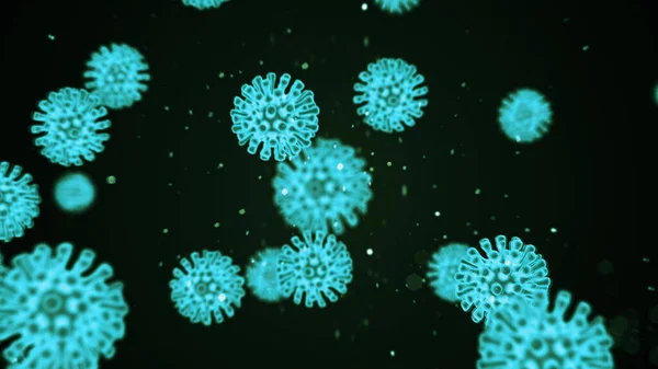 Representação animada virtual de células de coronavírus covid19 que se movem dentro do organismo infectado sob a forma de microrganismos azuis brilhantes em um fundo preto. Conceito abstrato 3d renderização de vídeo 4K. — Fotografia de Stock