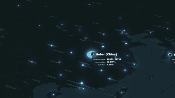 Pandemic of coronavirus COVID19 spreads from wuhan in china over dark mainlands with blue colored dots of infected cities and statistics data. World map concept 3d rendering animation in 4K background