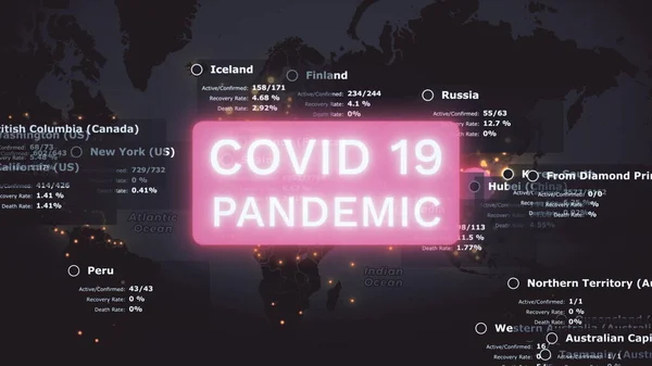 Mapa mundial de propagación del coronavirus COVID 19 pandemia con estadísticas nacionales y alerta en color rosa. 3d renderizado fondo concepto de animación en 4K. —  Fotos de Stock