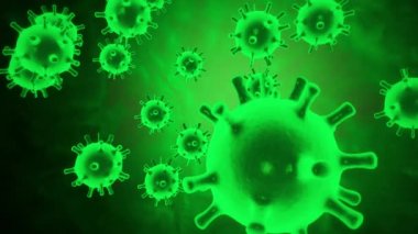 Siyah bir zemin üzerinde hareket eden yeşil küresel mikroorganizmalar olarak gösterilen enfekte organizma içindeki Coronavirus 2019 nCoV patojen hücrelerinin sanal animasyonlu temsili. 4K görüntüleme 3D soyut.