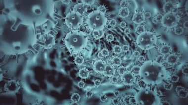 Domuz gribi virüsü H1N1 mavi renk hücreleri siyah uzayda elektron mikroskobunda büyütülerek hareket ediyor. Viral hastalık kavramı soyut arka plan. 4K video içerisindeki 3d canlandırma canlandırması.