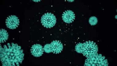 Domuz gribi virüsü H1N1 gök mavisi hücreler elektron mikroskobunda büyütme altında siyah uzayda hareket ediyorlar. Salgın tehlike kavramı soyut arka plan. 4K video içerisindeki 3d canlandırma canlandırması.