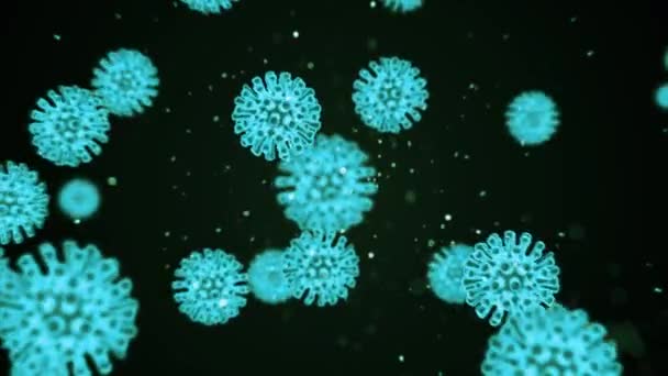 Virtuell animerad representation av covid19 coronavirus celler som rör sig inuti infekterade organismen i form av ljusa azure mikroorganismer på en svart bakgrund. Abstrakt koncept 3D-återgivning 4K-video. — Stockvideo