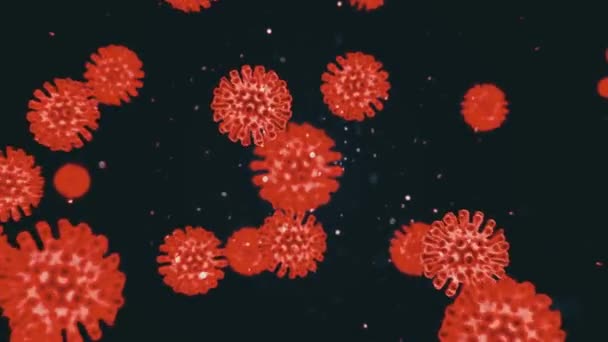 Animace koronavirových kovid-19 buněk červené barvy a izolovaných na černém pozadí při zvětšení v elektronovém mikroskopu. Abstraktní 3D vykreslování patogenů ve videu 4K. — Stock video