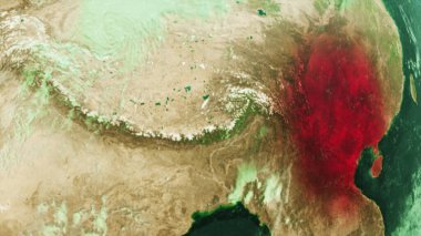 Siyahi anakaralarda ve yeşil okyanuslarda kızıl şehirlerin bulunduğu fütürist dünya haritasında Covid 19 salgını uyarısı. Salgın konsepti canlandırılmış arkaplan 3d görüntüleme 4K.