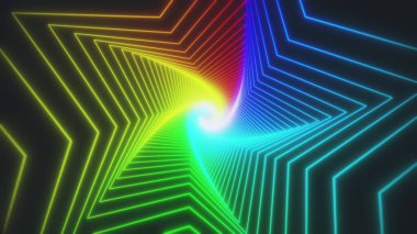 Gökkuşağı parlayan yıldız tünel döngüsü. Kusursuz 4K animasyonu. Canlandırılmış döngü kutulu soyut hareket ekran arkaplanı. Siyah arkaplanda parlak renklerle parlayan neon çerçeveler. 3B görüntüleme