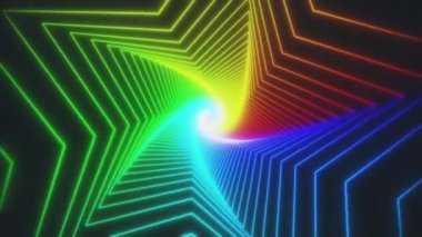 Gökkuşağı parlayan yıldız tünel döngüsü. Kusursuz 4K animasyonu. Canlandırılmış döngü kutulu soyut hareket ekran arkaplanı. Siyah arkaplanda parlak renklerle parlayan neon çerçeveler. 3B görüntüleme