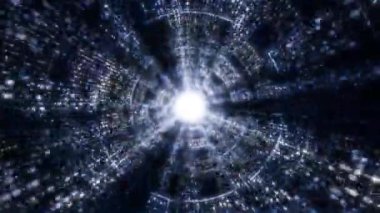 Parlayan Parlayan Parlayan Parlak Siber Parçalar Tüneli. Soyut tüp arkaplanı. 3d döngülü canlandırma.