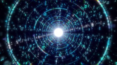 Soyut tünel. Dijital arkaplan, 3D görüntüleme. İkili kod parçacık ağı. Hareket ve iletişim teknolojisi geçmişi. Kusursuz döngü canlandırması.