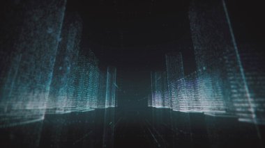Karanlık, soyut, mavi-beyaz renkli neon şehrin dijital teknoloji ve iş konsepti kamera hareketinin etrafındaki sembollerden oluşur. 3B görüntüleme 4k.