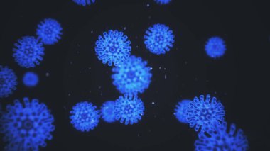 COVID19 koronavirüs enfeksiyonu görselleştirmesi. Patoghen hücreleri, siyah bir zemin üzerinde neon mavi küresel mikroorganizmalar olarak gösterilen enfekte bir insanın içindedir. Soyut konsept 3D görüntüleme 4K.