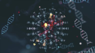 Mikrop kapmış organizmanın içindeki Coronavirus 2019-nCov patojeni siyah zemin üzerinde kahverengi yuvarlak hücreler olarak gösterilmiştir. 2019-nCoV, SARS, H1N1, MERS ve diğer salgın virüsler konsepti. 3D görüntüleme 4K.