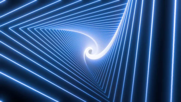 Синий неоновый треугольный туннель, движущийся вдаль, неоновый геометрический фон, абстрактный 3D фон со спектральным металлическим свечением, длинный туннель — стоковое фото