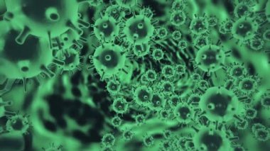 Domuz gribi virüsü H1N1 hücre konsepti. H1N1 virüsünün neon yeşil renkli hücreleri siyah uzay arka planında yüzüyor. Virüs salgını. 4K videoda 3B görüntüleme.