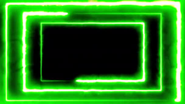 Abstraktní pozadí obrazovky s animovanou smyčkou. Zářící neonové rámy s jasně zelenou na černém pozadí. Bezproblémová 4K animace lesklého obdélníku. 3D vykreslování — Stock video
