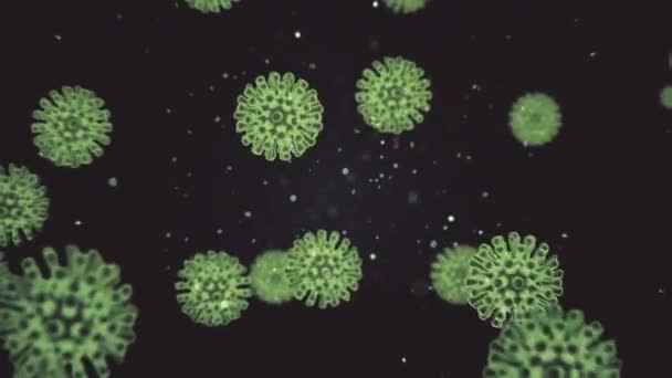 Rappresentazione virtuale animata di coronavirus covid19 cellule all'interno dell'organismo infetto. I patogeni si muovono sotto forma di microrganismi verdi su sfondo nero. Concetto astratto rendering 3d in 4K — Video Stock