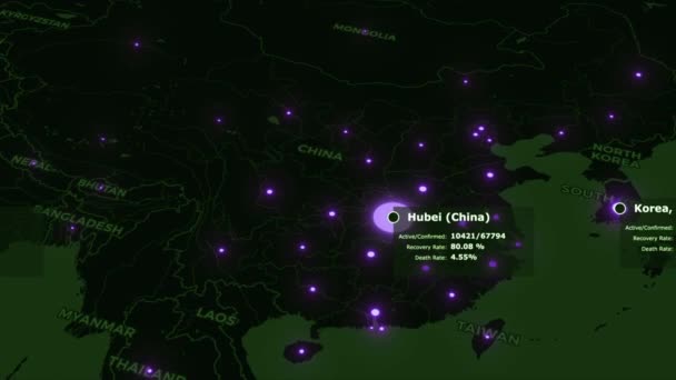 Covid 19 Pandemic alert fioletowy tabletka na futurystycznej mapie świata z fioletowymi kolorowymi zakażonymi miastami na czarnych kontynentach i zielonych oceanach. Epidemia koncepcja animowane tło 3d renderowania wideo 4K. — Wideo stockowe